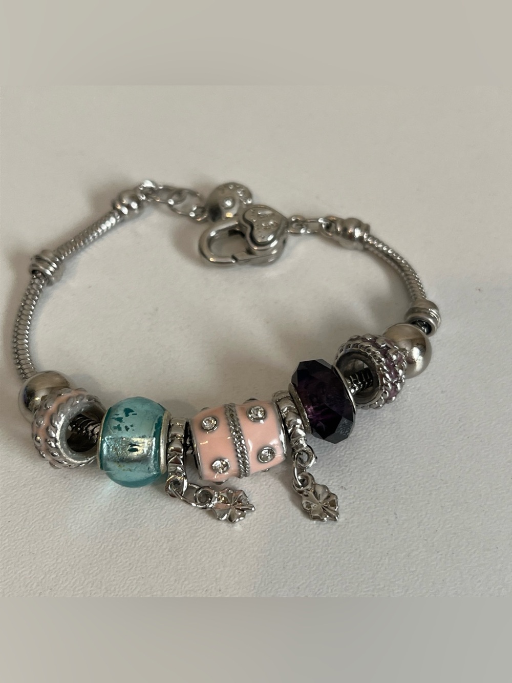 Pandora Silver Charm Snake Bracelet with Assorted Beads and Charms 8” aqua pink